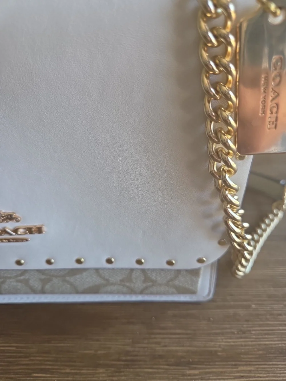 Coach Ivory and Signature Canvas Chain Crossbody with Gold Hardware